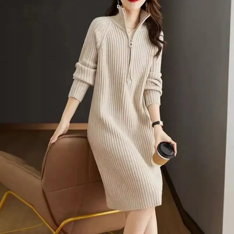 2024 Autumn/Winter New Large Knitted Dress Medium length Half Zipper Solid color Loose Casual Long Sleeve Dress Women\'s Trendy