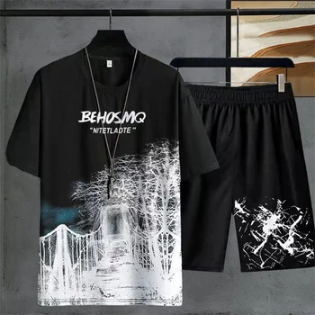 Conjunto de dos piezas para hombre, camiseta informal degradada y pantalones cortos, traje deportivo de moda, chándal de manga corta, Jersey, novedad de verano