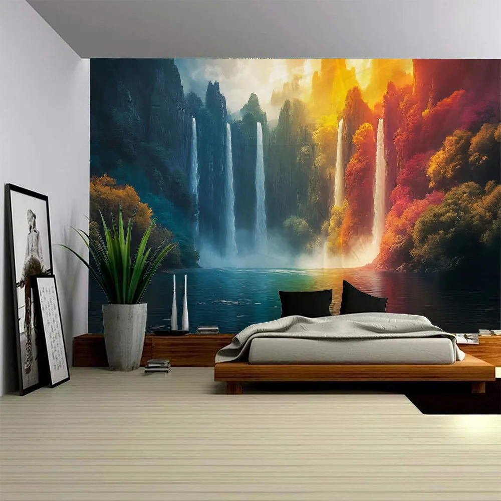 

Beautiful waterfall, large tapestry, dreamy forest under the starry sky, wall mounted living room, bedroom wall decoration