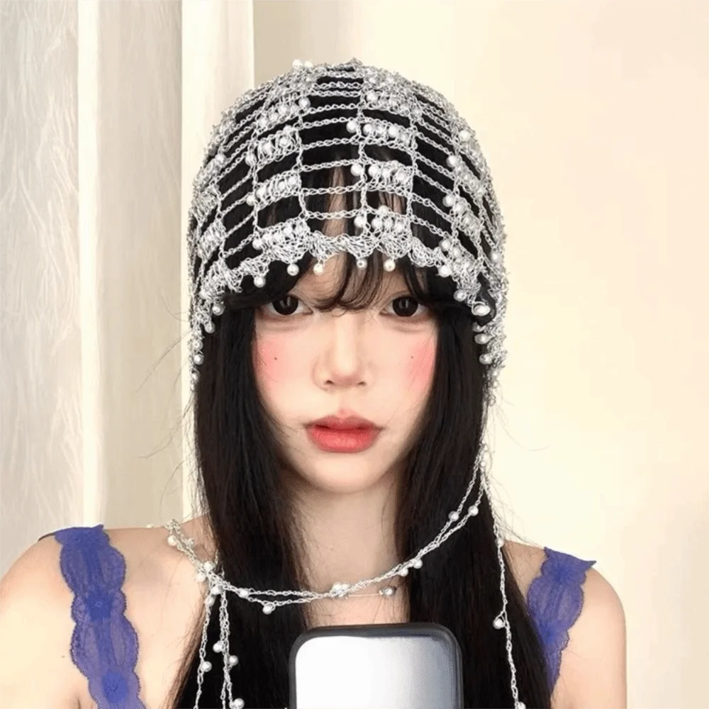 Retro Style Handmade Beaded Hat Pearl Beaded Metal Chain Hollow out Slouch Cap Openwork Breathable Chain Pullover Hat Women