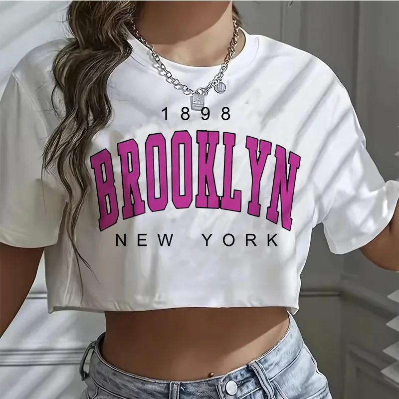 T Shirt Los Angeles Number 91 Brooklyn Graphic Round Neck Sports Crop T-shirt Casual Crop Top Women Cropped