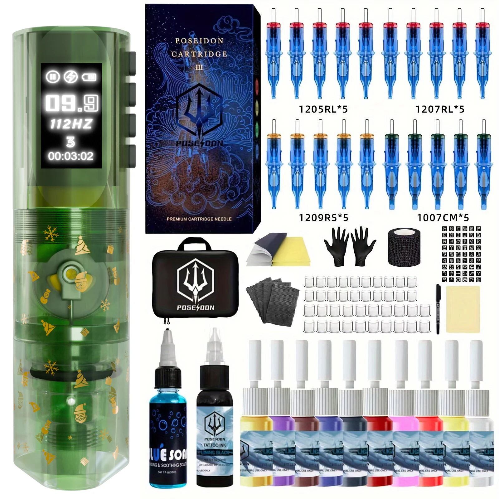 Christmas Tattoo Kit POSEIDON New Tattoo Pen Kit For Permanent Makeup Tattoo Machine Kit Wireless Tattoo Power Supply Tattoo Gun