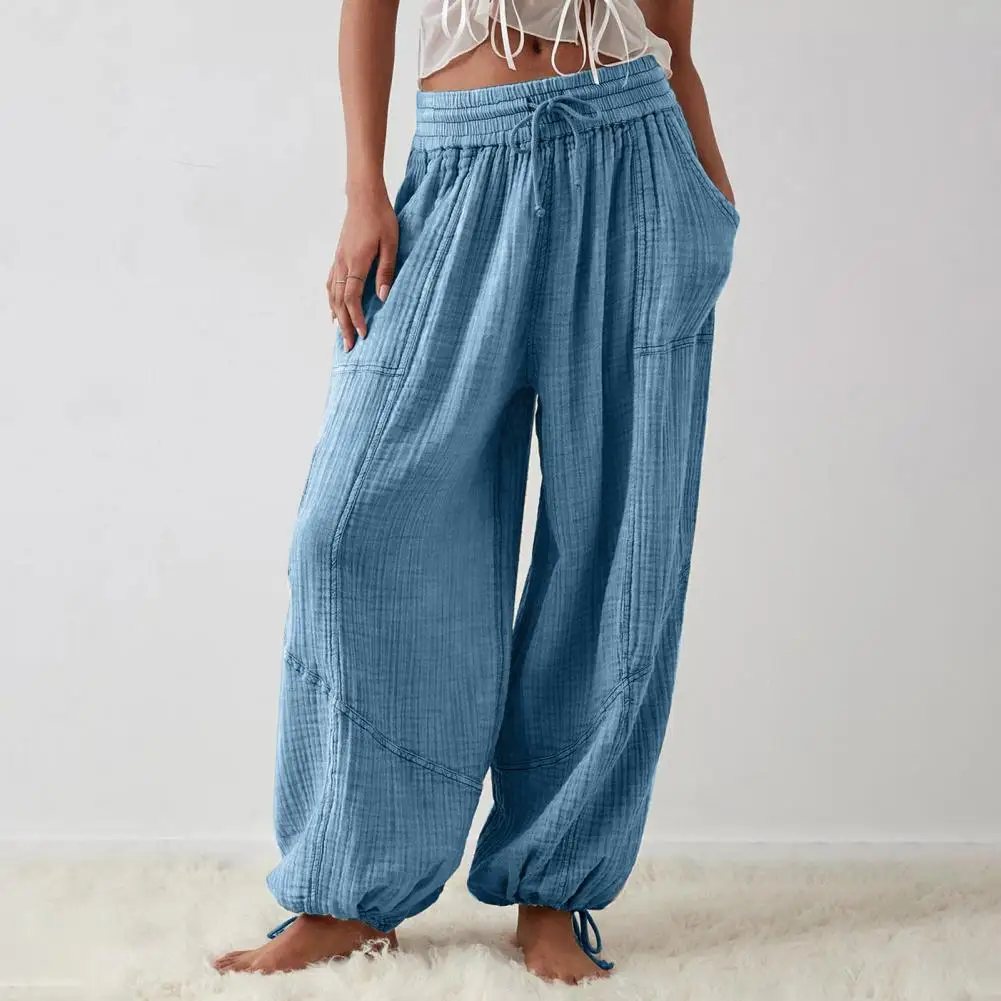 

Women Pants High Elastic Waist Drawstring Wide Leg Loose Deep Crotch Pleated Ankle-banded Pockets Soft Lady Casual Trousers