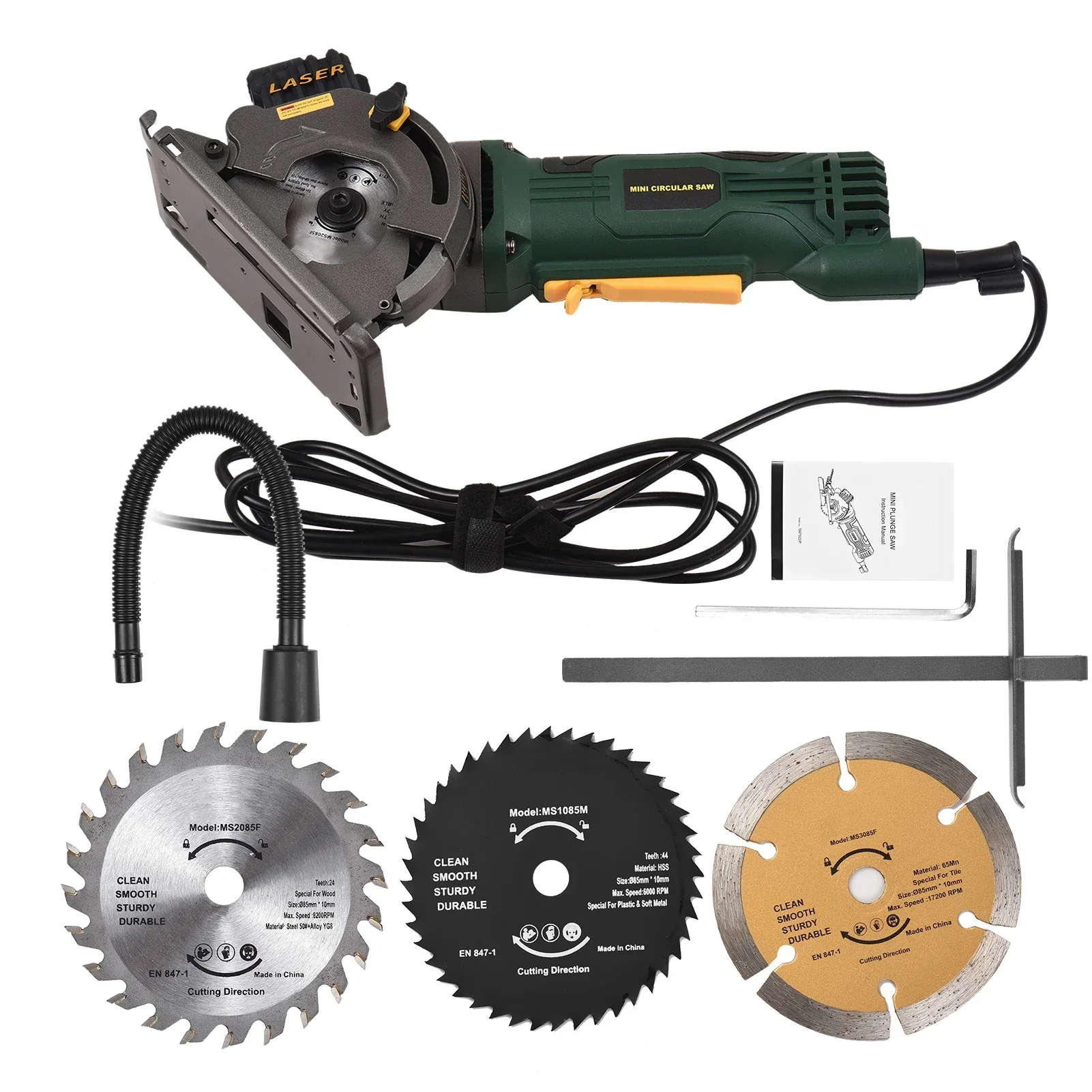 

3700RPM Mini Circular Saw 4.8Amp Compact Circular Saw Power Tools Laser Guide Scale Ruler Vacuum Port 3 Blades Cutting Wood Tile