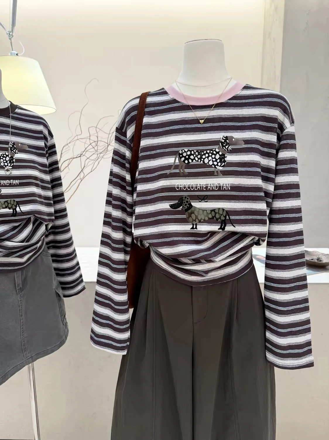 Retro Striped Print Long Sleeve T-Shirt Women's round Neck Loose Slimming Versatile Youthful Cover up Top Korean Style Cotton