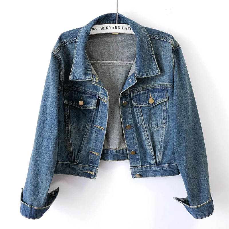 

Vintage Blue Big Pocket Denim Jacket Women Slim Short Student Cowboy Outerwear Spring Autumn Korean Casual Jeans Jacket Female