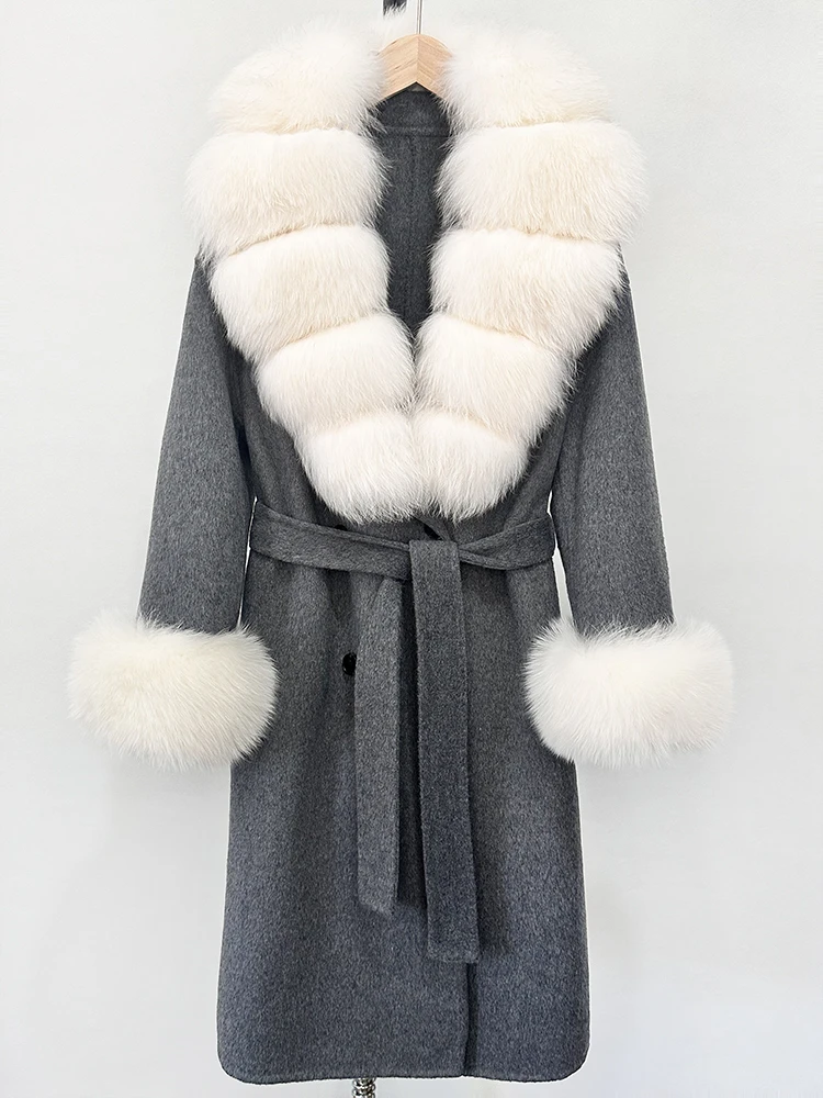 New Women Fashion Warm 100% Wool Real Fox Fur Jacket Overcoat Wholesale New Autumn Winter Clothes Long Natural Woolen Coat