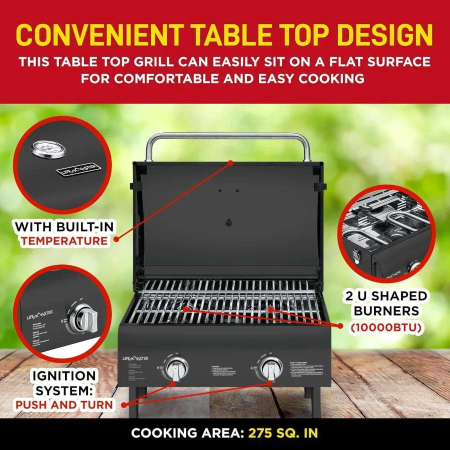 شواية غاز محمولة سوداء مزدوجة 10000 وحدة حرارية بريطانية 275 مربع في مساحة الطبخ، غطاء إشعال مقاوم للرياح مع حرارية مدمجة #3