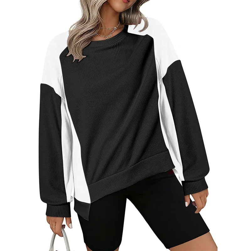 Autumn Winter Female New Sporty Sweatshirts Color Blocking Long Sleeve Irregular O-neck Pullovers Fashion Patchwork Elegant Tops