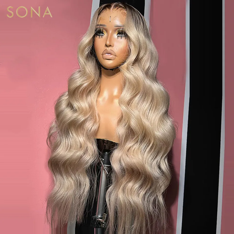 13x6 Ombre Ash Blonde With Root Colored HD Transparent Lace Front Wigs For Women Human Hair Body Wave Lace Frontal WIg