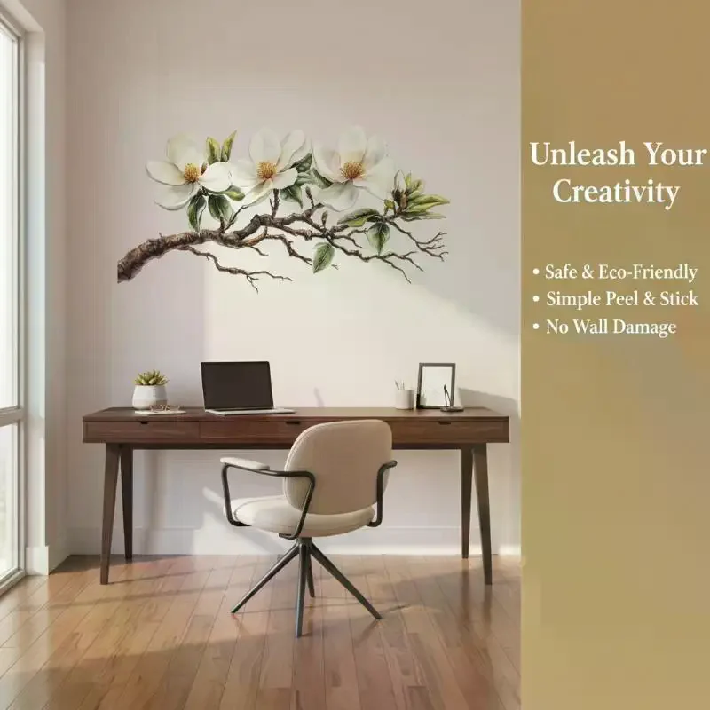 Elegant White Magnolia Wall Decal 1pc Removable Self-Adhesive Flower Sticker Decor for Living Room Bedroom Nursery Walls