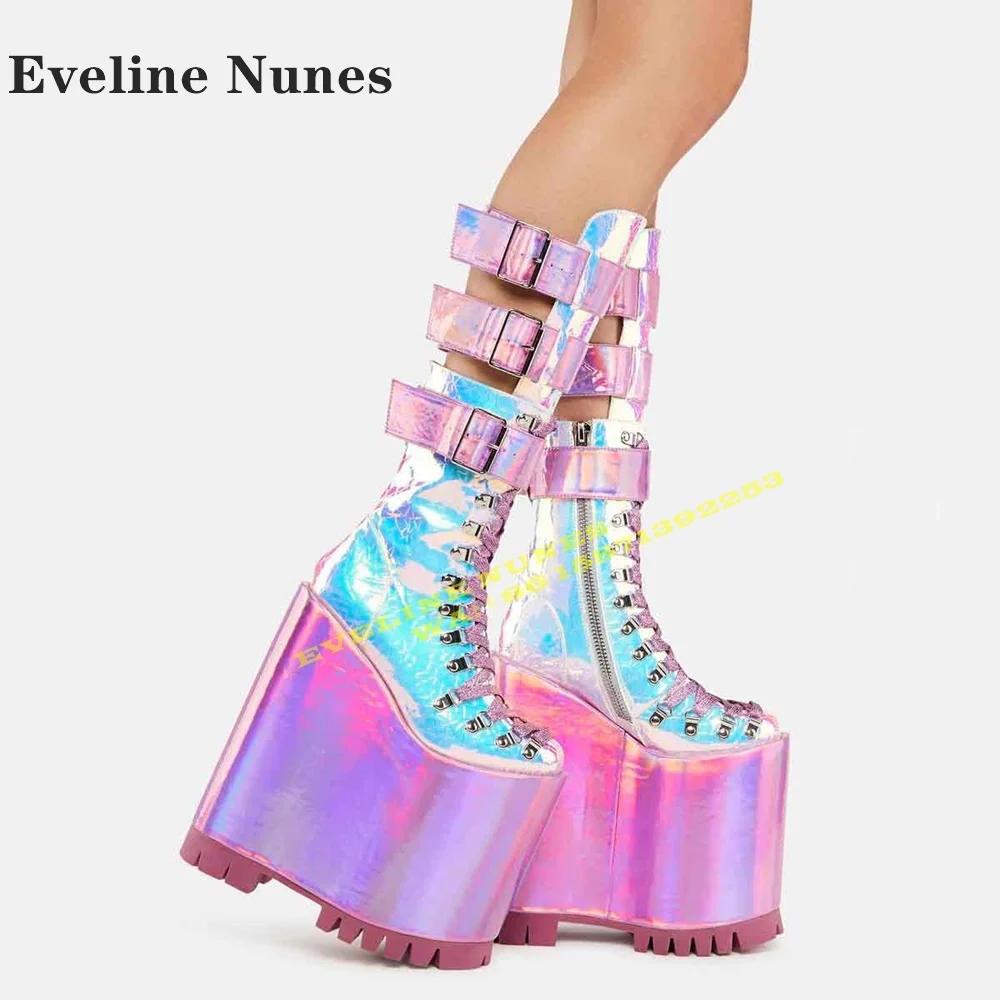 Double Stacked Shield Platform Club Boots Round Toe Height Increasing Cross Tied Belt Buckle Women Knee High Booty 2024 Cosplay