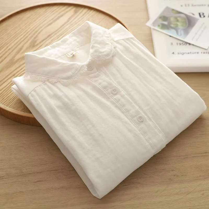 

Весна-лето, двухслойная кружевная женская длинная блузка из чистого хлопка, круглая, Ne Fre Sle, художественная белая блузка для поездок на работу и ветер