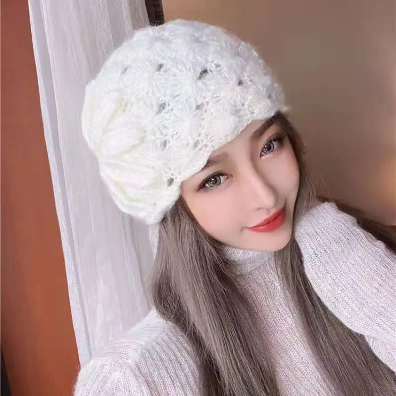 Elegant Knitted Hat Winter Women French Fashion Embroidery Cap Autumn Flower Hollow Out Crochet Wool Hat Retro Japanese Beanies