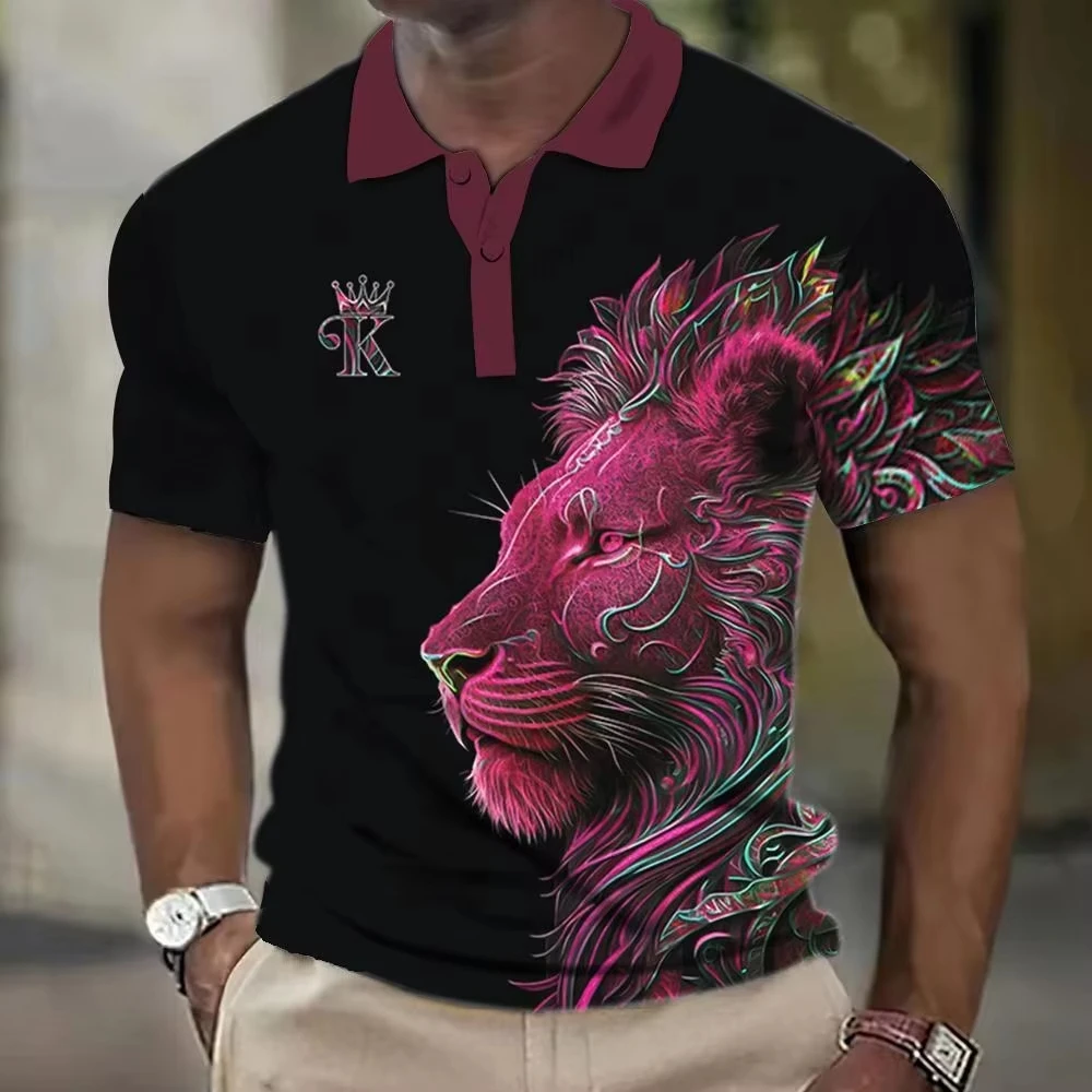 

Men Letter K 3D Printed Polo Shirt Summer Male Casual Short Sleeve Polo Fierce Lion Pattern Top Men Vintage Oversized Clothing