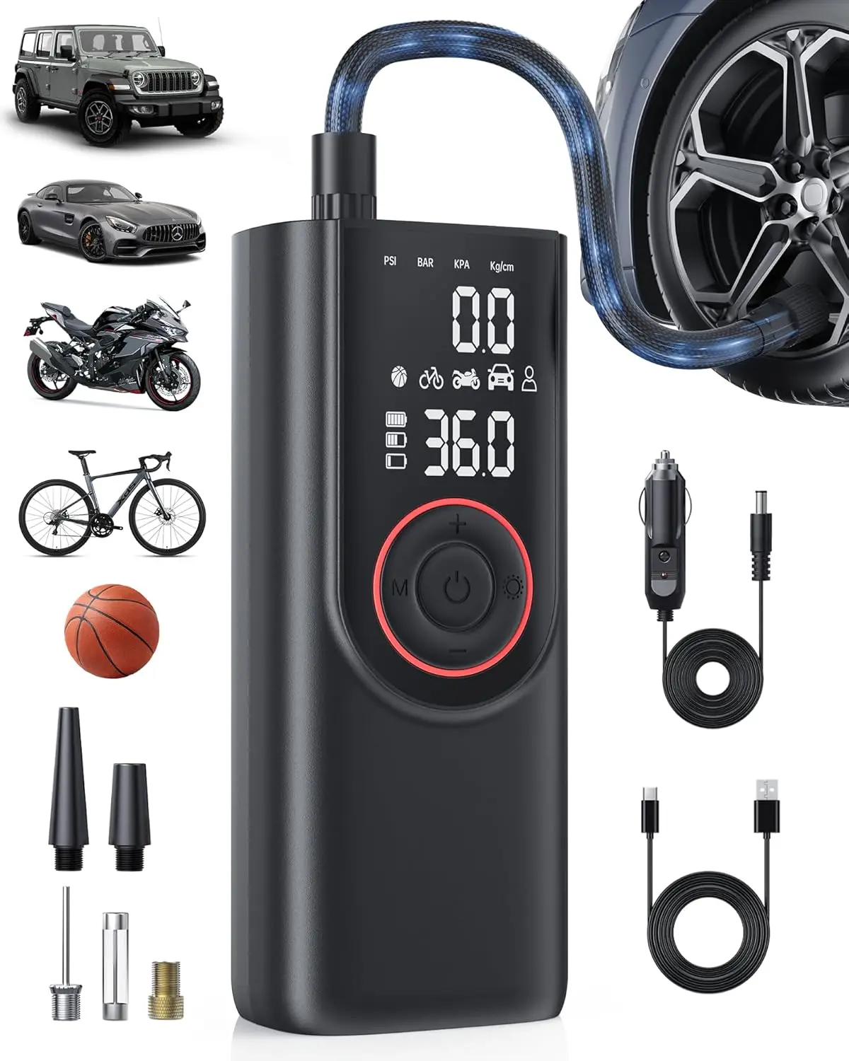 

Tire Inflator Portable Air Compressor, 150PSI Fast Inflation Cordless Air Pump for Car Tires with Pressure Gauge,LED Light