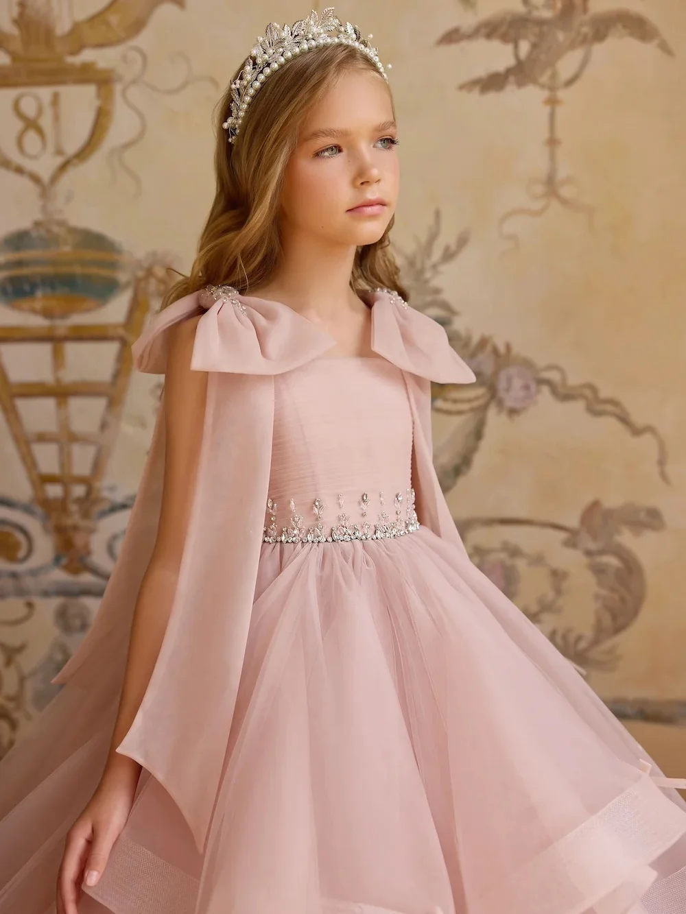 Dusty Pink Ruffled Long Wedding Flower Girls Dresses Sweet Glitter Crystal Bow Princess Gown For Kids Birthday Party 2-14Y