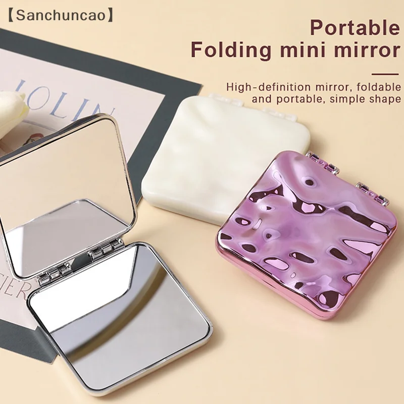 Espelho de maquiagem galvanizado dobrável, mini espelho de maquiagem quadrado, espelho de mão portátil, espelho pequeno de dupla face