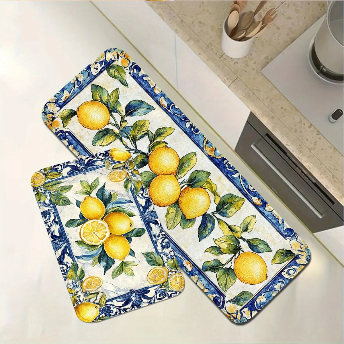 VIKAMA 2PC Mediterranean French Lemon Kitchen Rug Set Non Slip Absorbent Oil Proof Runner Mat Nordic Style Cabinet Floor Decor