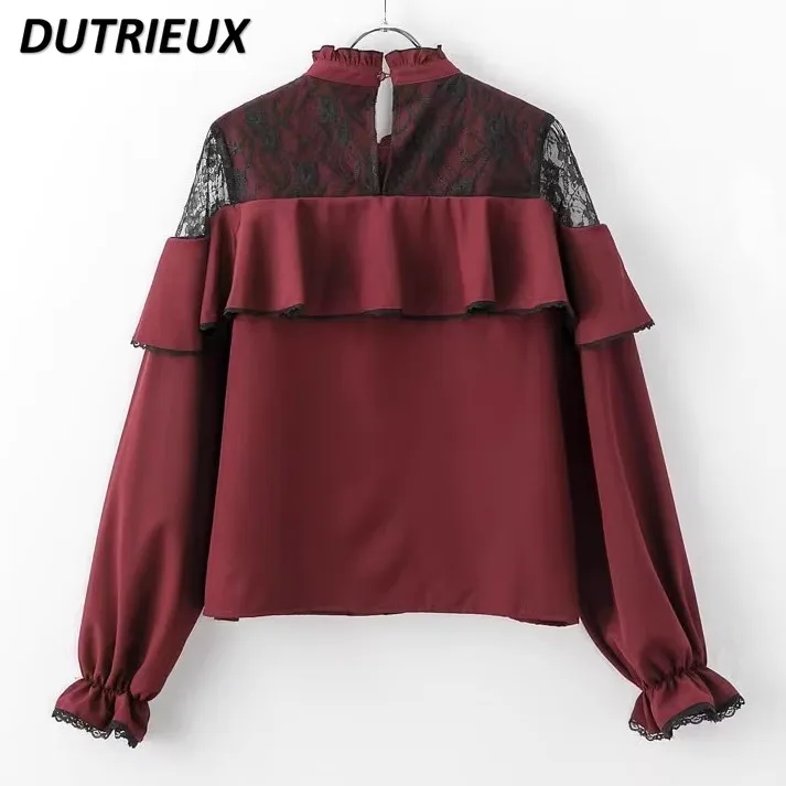 Japanese New Cute Mine Mass-produced Sister-wear Tops Lace Off-the-shoulder Long-sleeved Bow Solid-color Versatile Shirt