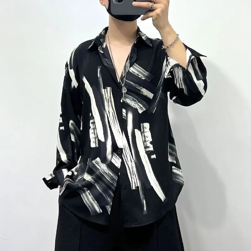 Men's Fashion Trend Hanging Silky Drape Shirt Summer Thin Original Personality Irregular Print Loose Free Ironing Handsome