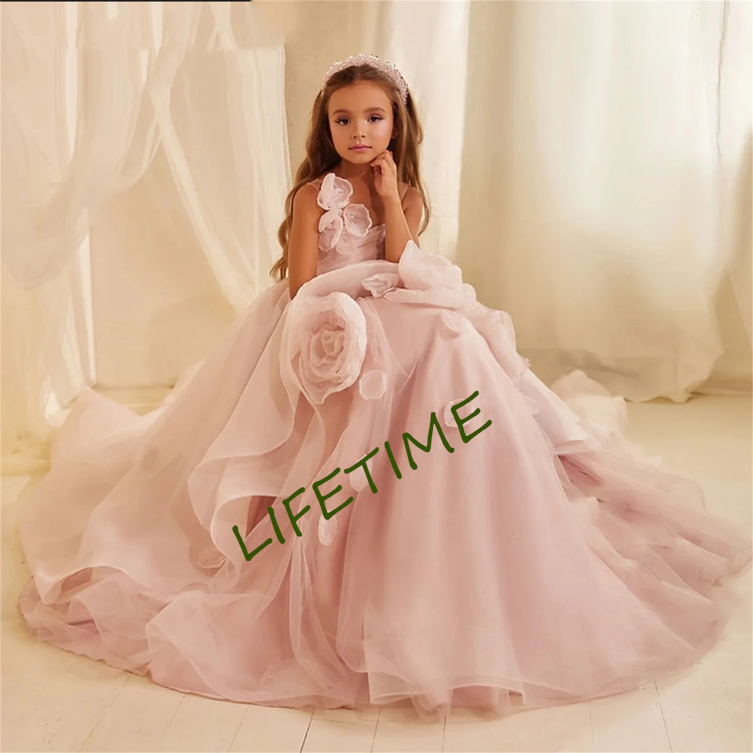 Pink Flower Girl Dress Puffy Wedding Party Dresses Cute Baby Girl Dress Princess Dress First Communion Gown Ivory