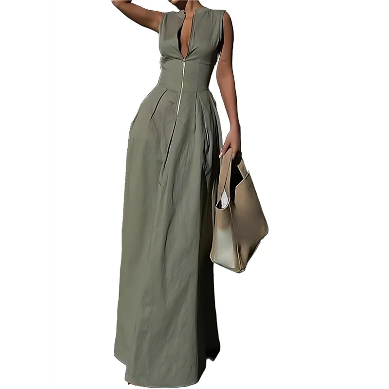 【SEE】 Abito longuette casual estivo diviso da donna con scollo a V profondo e maniche ad aletta con cerniera e vita elastica con tasche