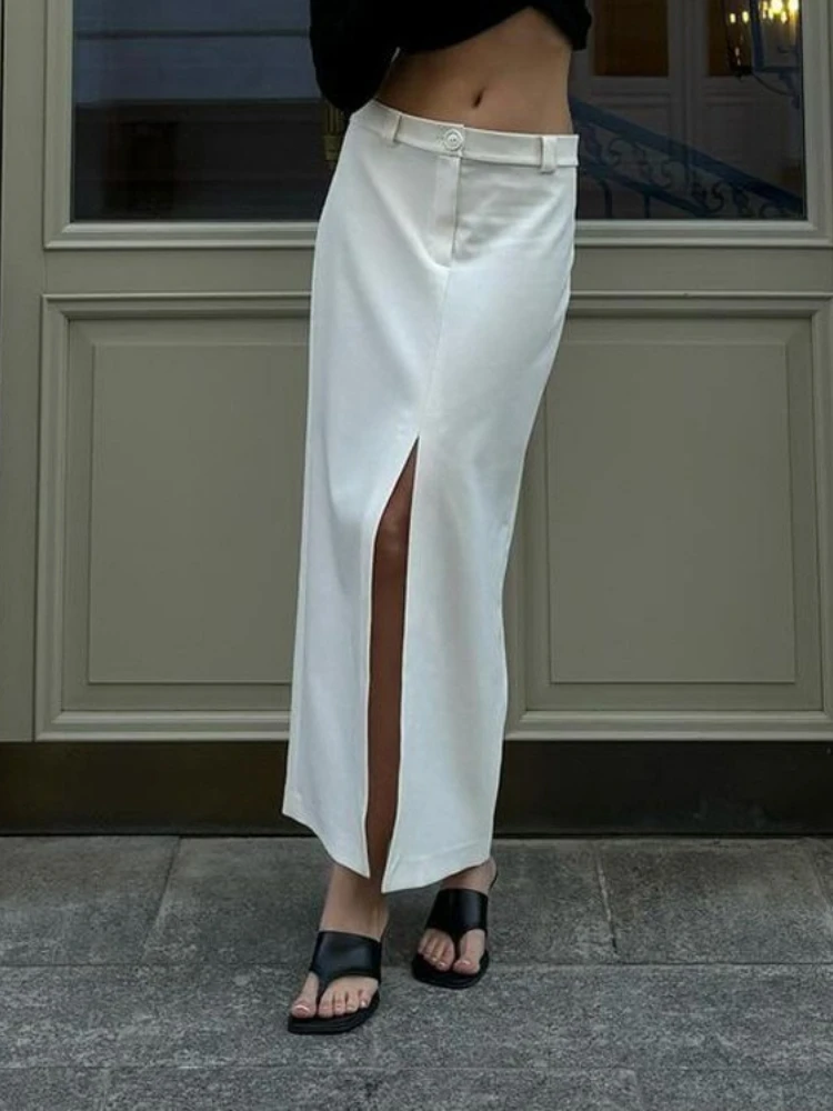Tsiisd-falda Maxi dividida para ir al trabajo para mujer, falda ajustada de Blanco sólido a la moda, traje de pierna recta de retales de cintura alta, faldas Maxi para mujer, nuevo