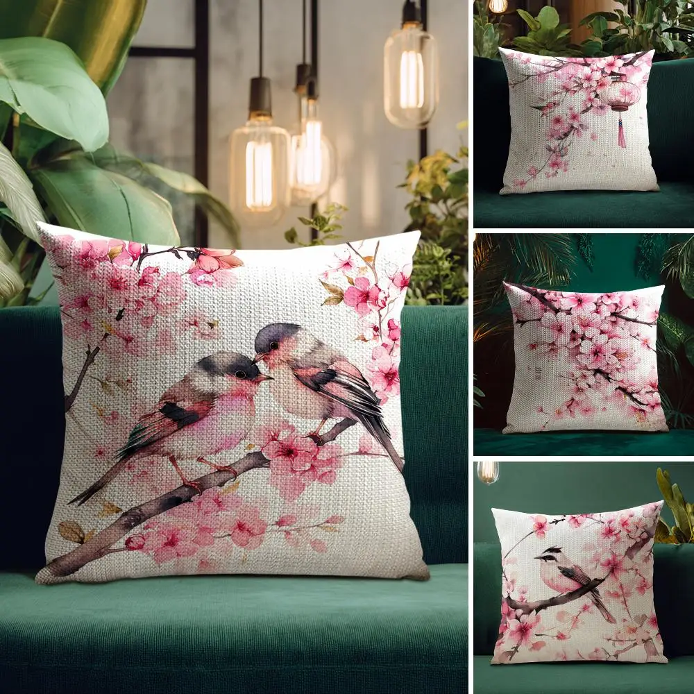 Japanese Cherry Cushion Cover Natural Linen Pillow Case Double-Sided Print Decorative Sofa Pillowcase Home Decor Gift view 2