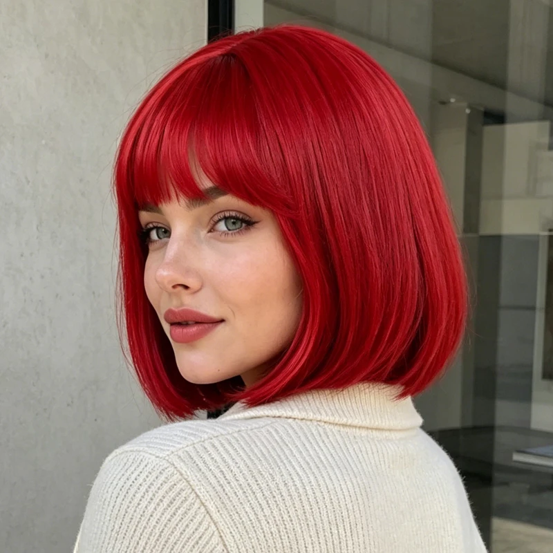 Stylish and elegant red bob with synthetic hair strands, 12-inch women's wig, suitable for parties and events.