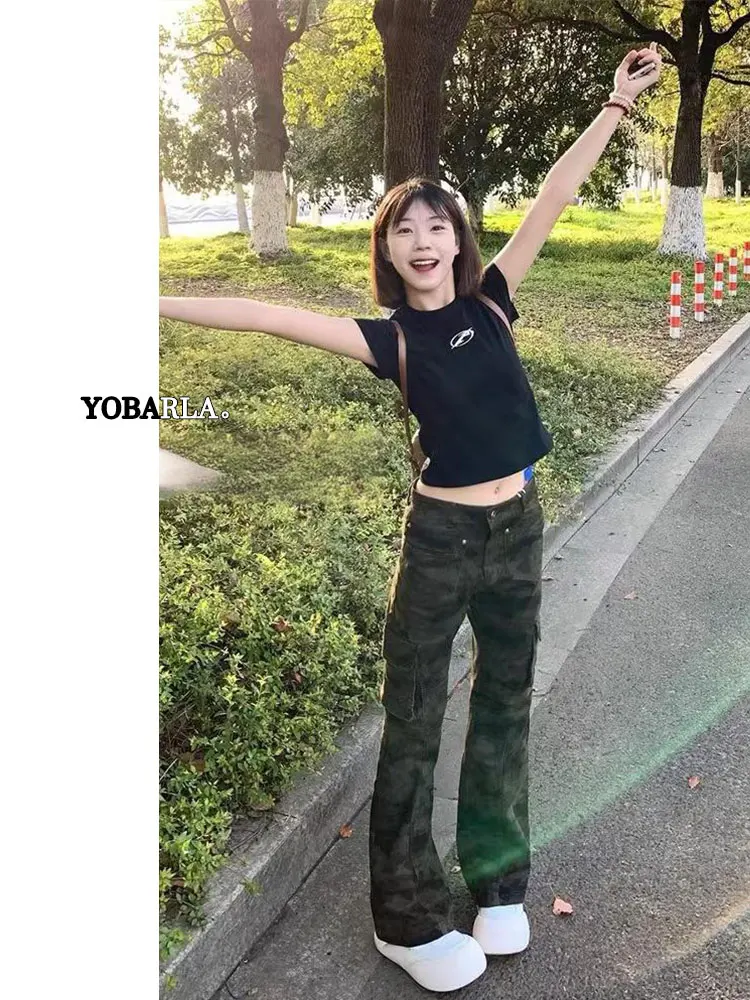

American Style Retro Camouflage Workwear Jeans Women's High Waist Slimming Skinny Micro Flared Pants Spring New Arrival