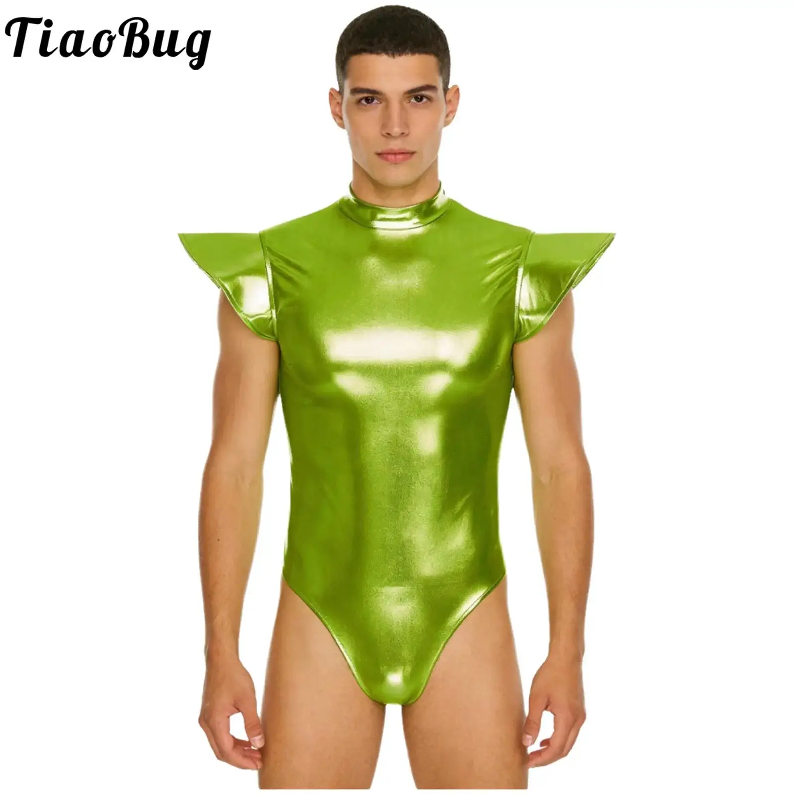 

Men Metallic Shiny Fly Sleeve Bodysuit Pole Dance Leotards Mock Neck Zipper One-piece Jumpsuit for Club Dance Space Themed Party
