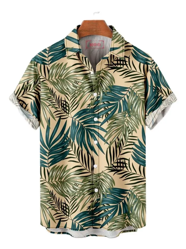 Camisa estampada por do sol de coco havaiano masculina, estampada de praia, roupa casual para férias, manga curta, verão