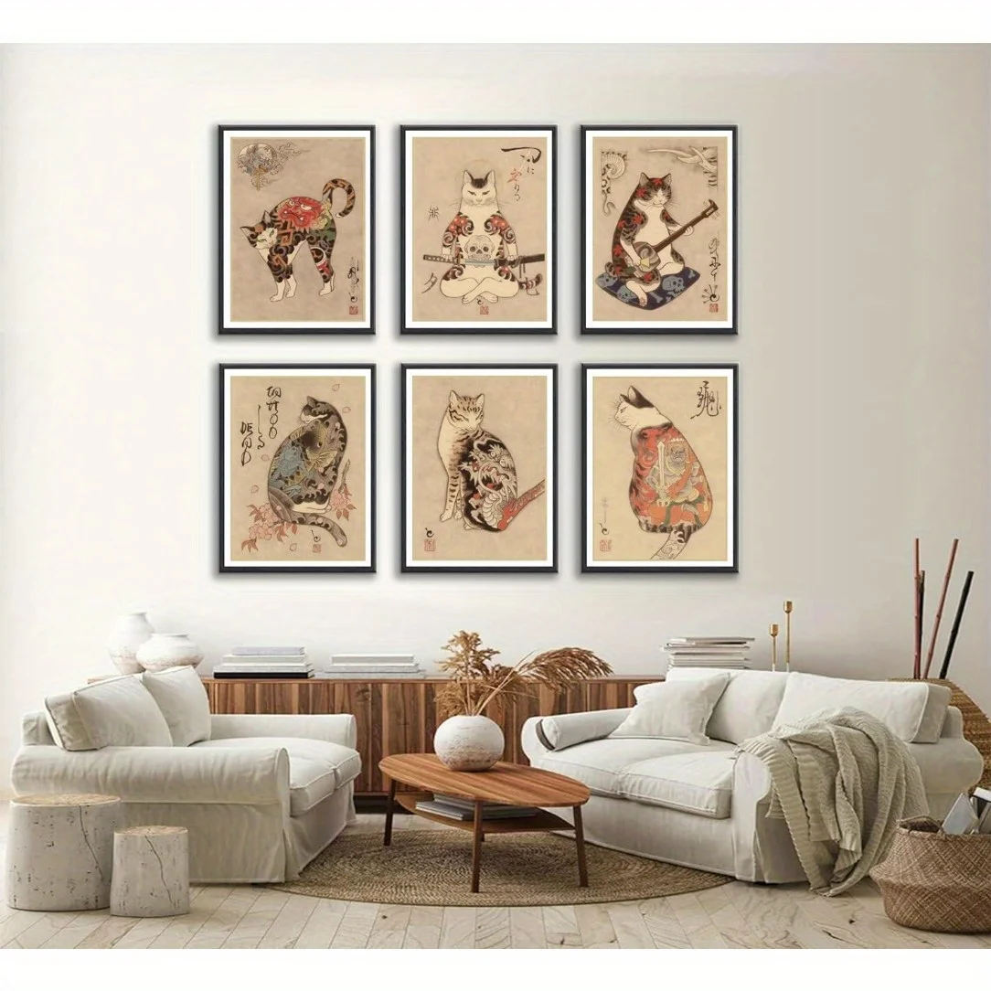 Japanese samurai cat art print, bushido wall decor, kung fu cat poster, tattoo style fantasy cat picture for home and bedroom