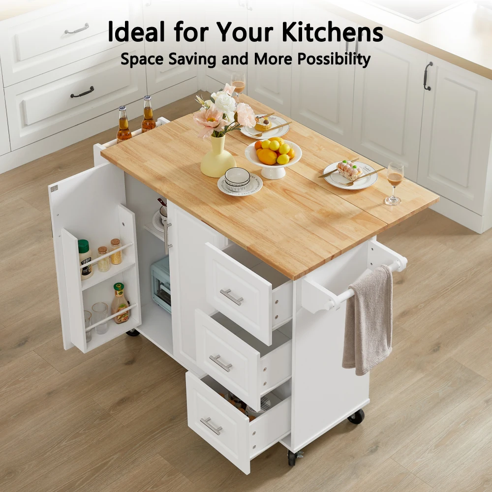 Kitchen Island with Drop Leaf Countertop, Barn Door Kitchen Island Table with Storage Cabinet and Tower Rack