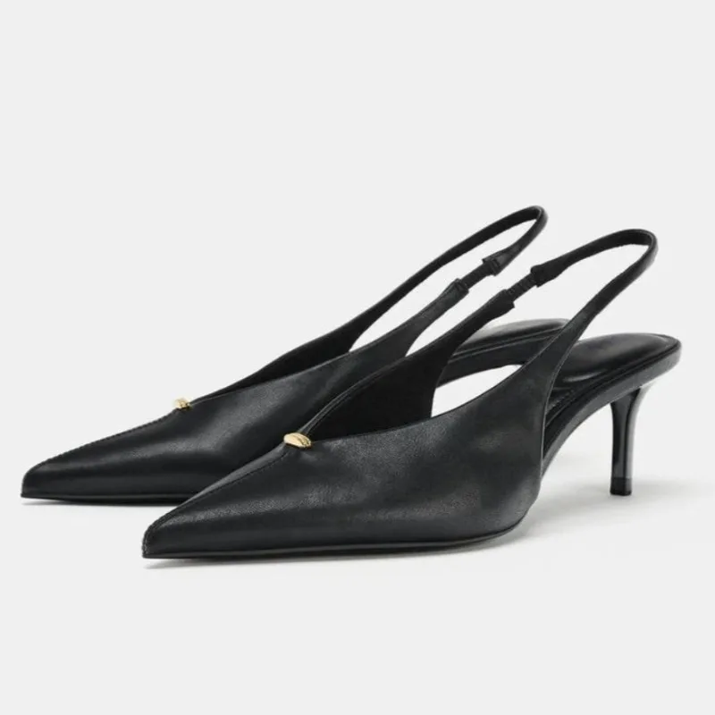 

Elegant Pointed Toe Office Lady Pumps Luxury Metal Decoration Designer Sewing Leather Sexy Party Dress Women High Heels Shoes