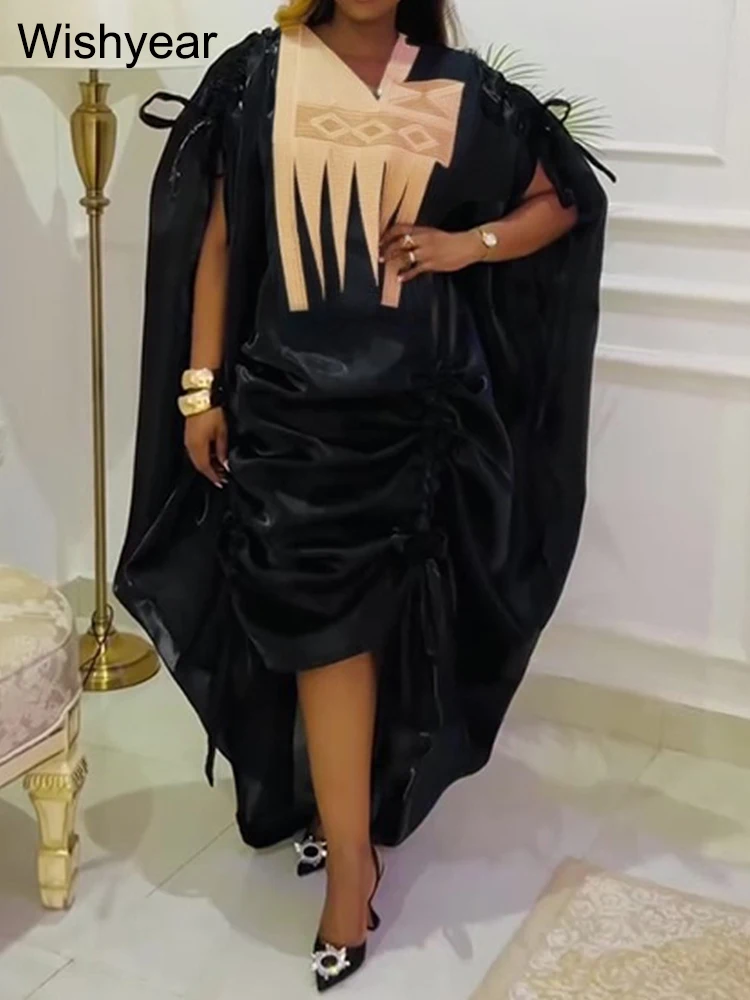 Nuevos vestidos africanos de manga larga con cordón y volantes, vestido medio con tirantes para mujer, Abayas musulmanas de lujo de Dubái, bata de noche de 2 uds.