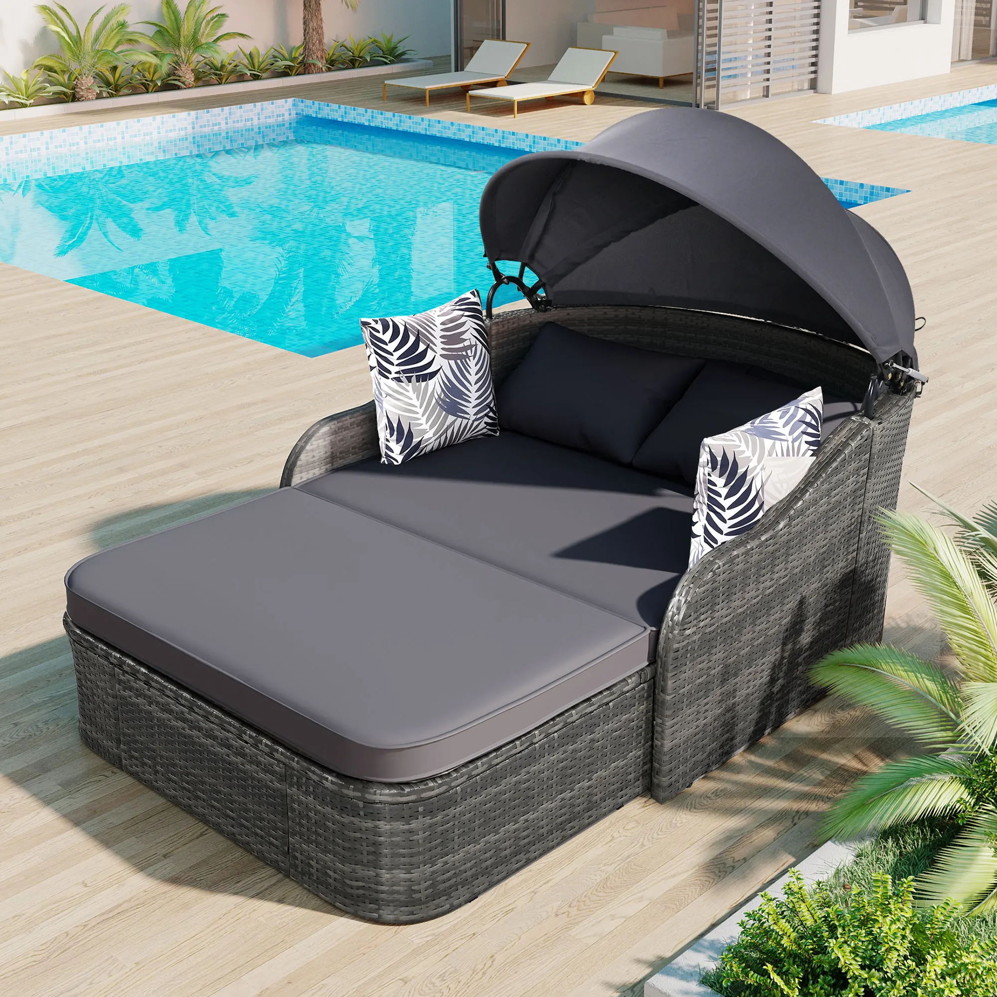 Espreguiçadeira ao ar livre com dossel ajustável, vime cinza e almofada, PE Rattan Daybed, Double Lounge, 79,9"