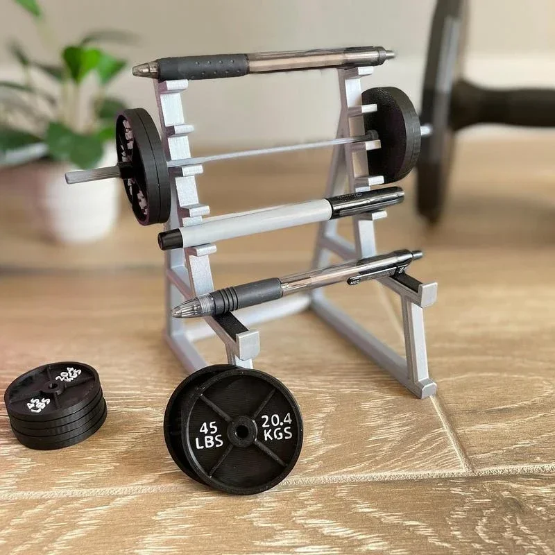 Creative Mini Barbell Rack Pen Holder Squat Rack Ornaments with Barbells and Weights Funny Weightlifting Gift Desk Organizer