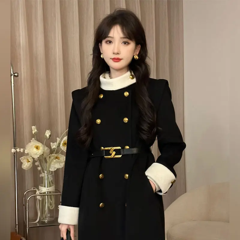 Temperament advanced sense splicing black medium and long coat women's French double-breasted woolen coat