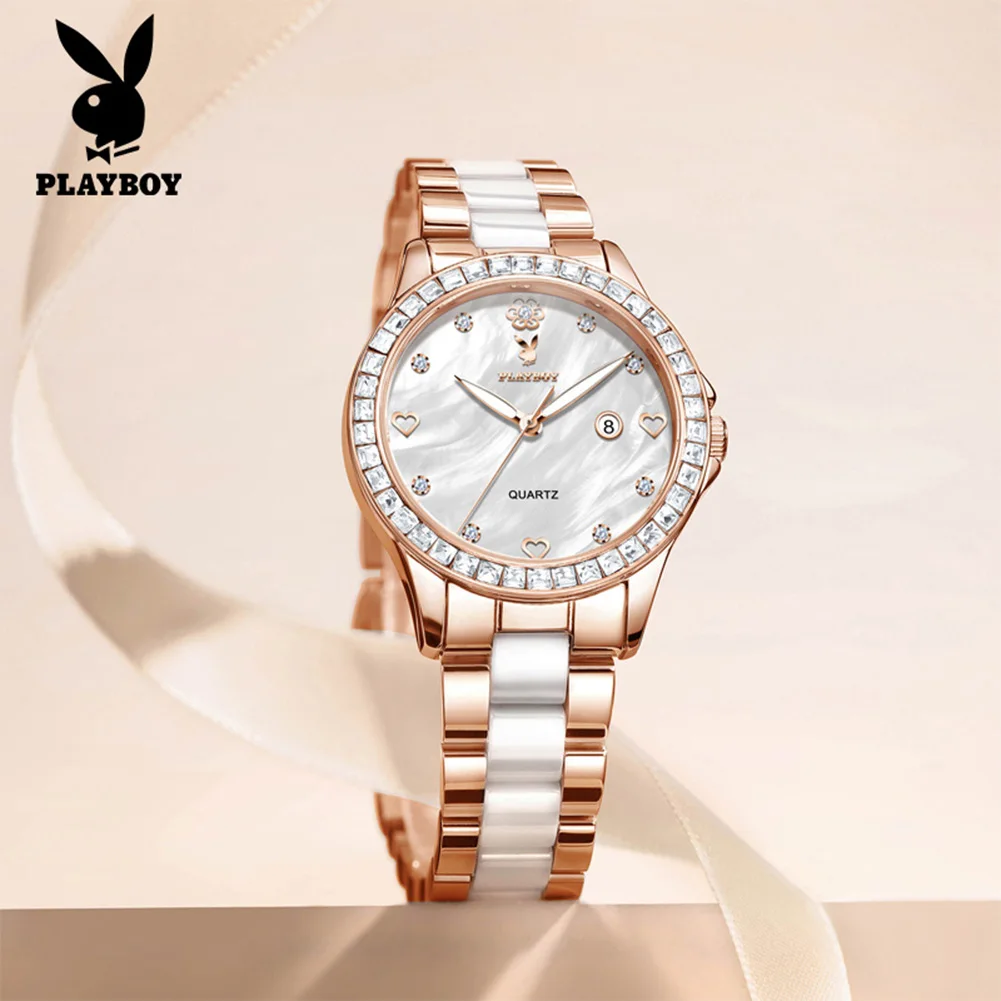 PLAYBOY 3555 Watches For Woman Quartz Watch Diamond Bezel Waterproof Super Luminous Stainless Steel Date Wristwatch Luxury Brand