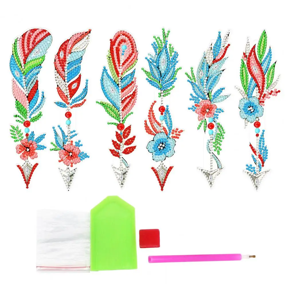 Flower Pattern Bookmark com penas e diamante pintura, Bookmark