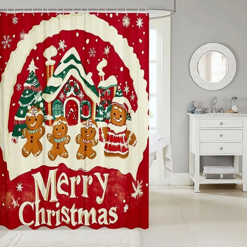 Red Bottom Gingerbread Man Christmas Tree Snowflake Shower Curtain Bathroom Decor No Drilling 12 Hooks Waterproof