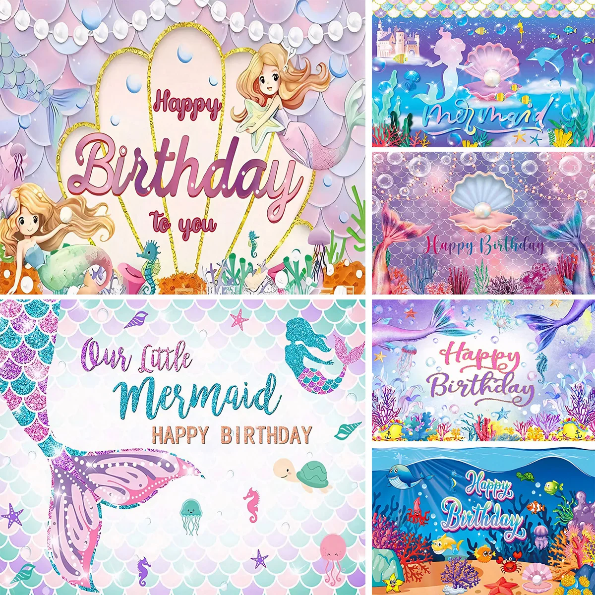 Little Mermaid Backdrop Underwater Princess Party Decor Sea Shell Photo Background Newborn Baby Shower Wedding Photography Props