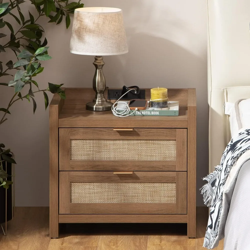 Rattan Nightstand End Table : Large Night Stand with Type-C Charging Station & 2 Rattan-Like Decor Drawers