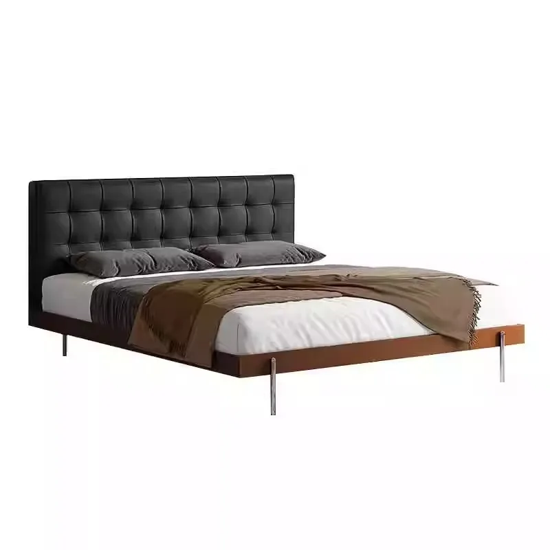 

Master bed, high-end atmospheric Italian minimalist solid wood soft bag black first layer cowhide double bed