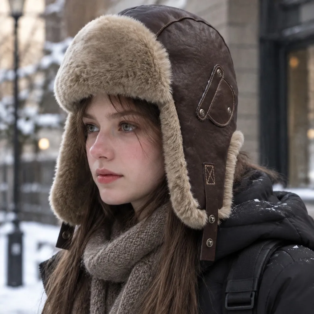 Cold-Resistant Vintage Pu Leather Pilot Hat Thicked Side Rivets Winter Ski Cap Plush Leather Buckle Ear Protection Hat Outdoor