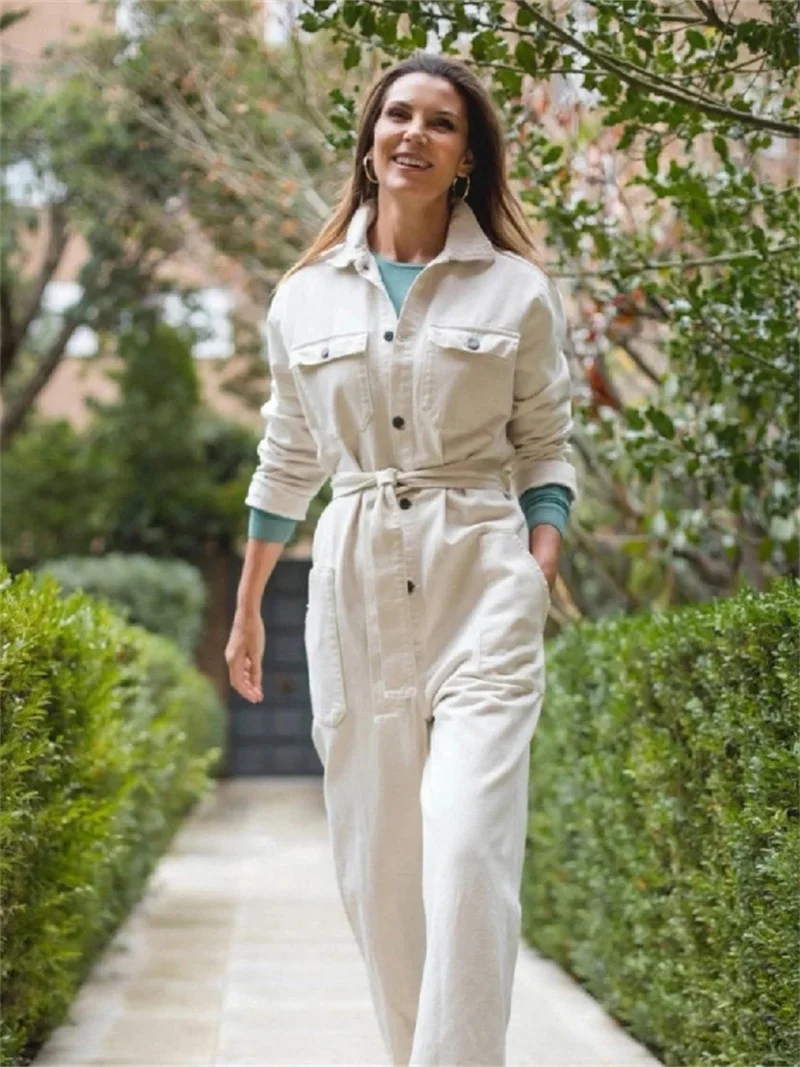 Frühherbst 2024 Frauen einfarbige Mode Overalls Langarm Einreiher Turn-Down Kragen Taille schlanke Damen Stram pler