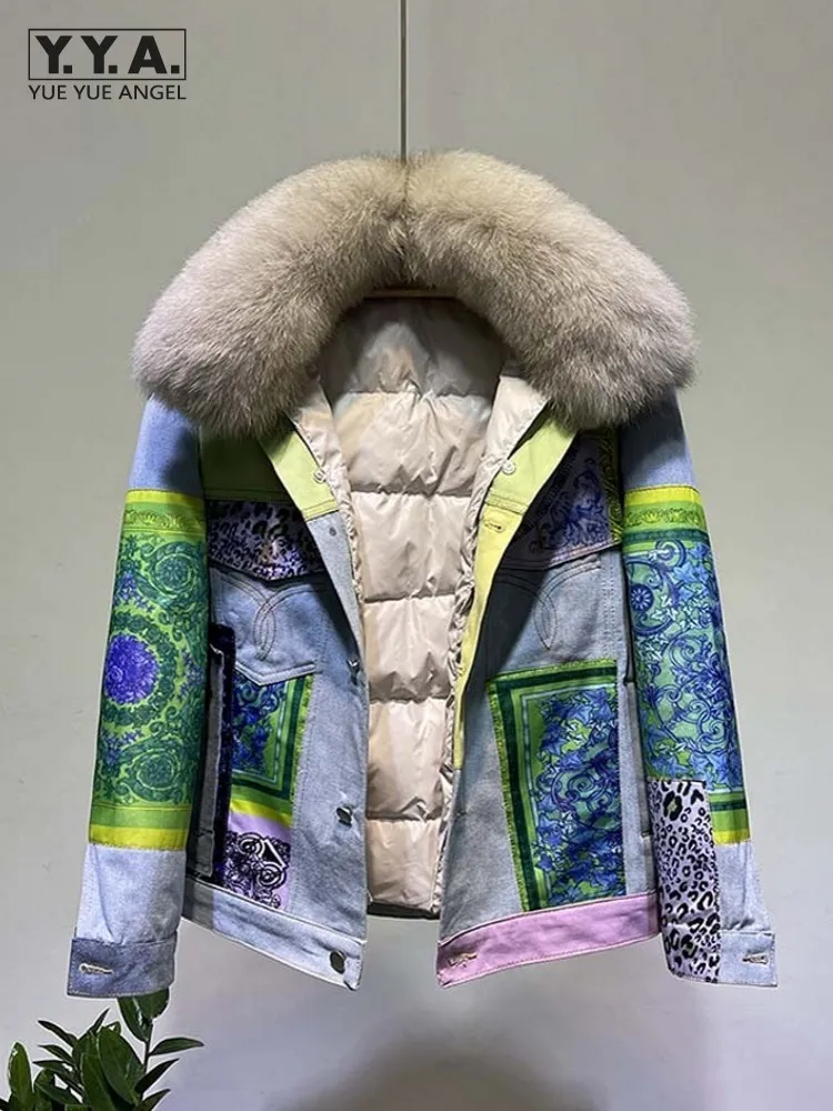 Fashion Lady Keep Warm Winter Long Sleeve Overcoat Down Coat Fox Fur Collar Patchwork Denim Printed Loose Jacket Short Outerwear