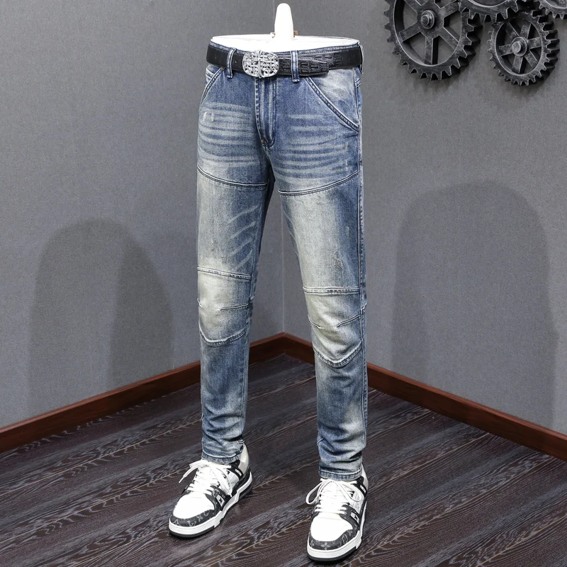 

Street Fashion Men Jeans High Quality Retro Washed Blue Stretch Slim Fit Spliced Designer Biker Jeans Men Hip Hop Denim Pants